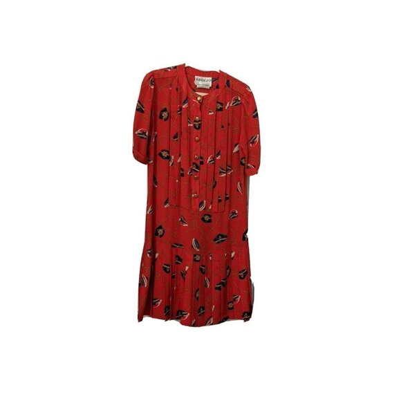 Adolfo Red Nautical Dress Gold Buttons Size L-XL Pleated Vintage Design - Picture 1 of 12
